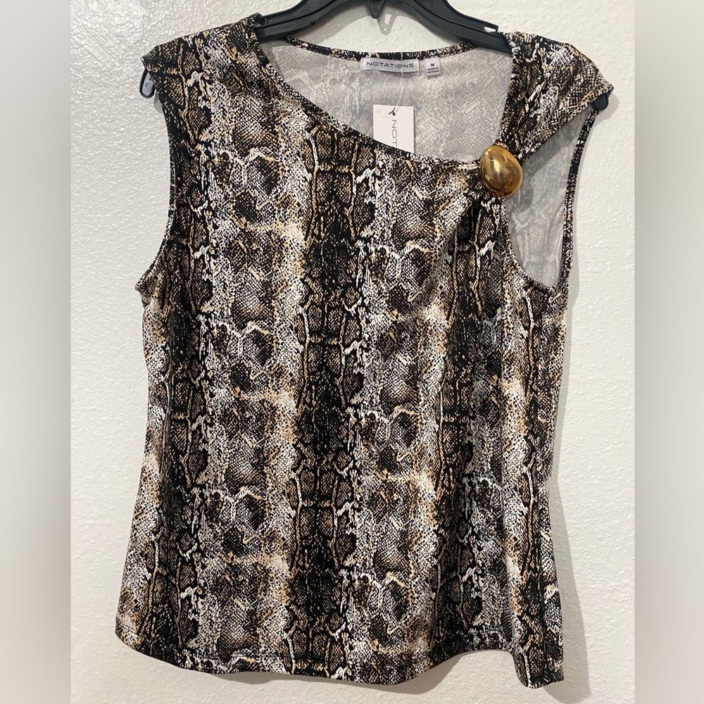 Notations One-Shoulder Snake Print Tank Top in Brown and Black